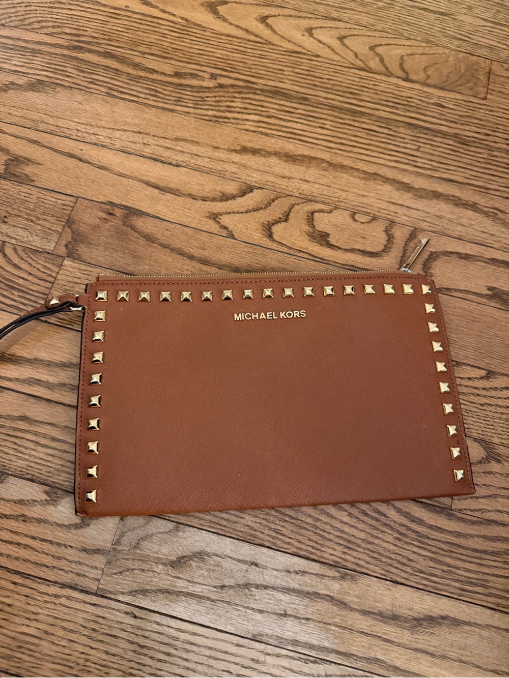 Michael Kors Cognac Saffiano Leather Studded Wristlet